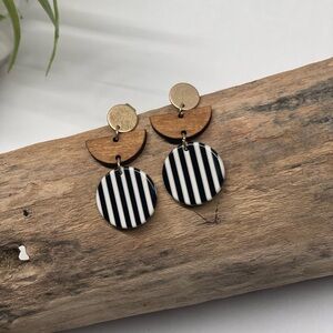 Geo Black and White Stripe, Wood, and Bronze Color Retro Earrings